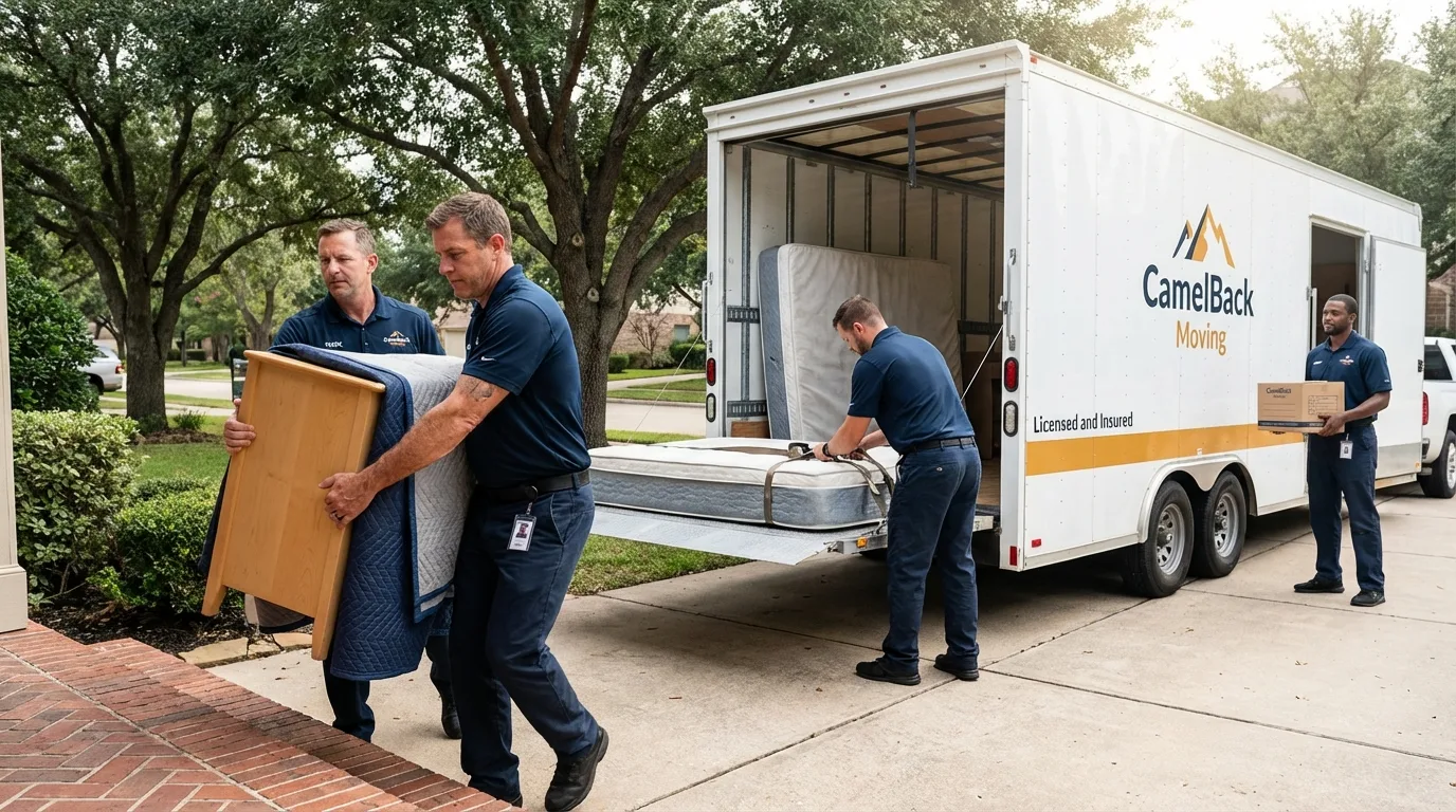 Crew loading residential truck for cross-state move from Lineville, AL
