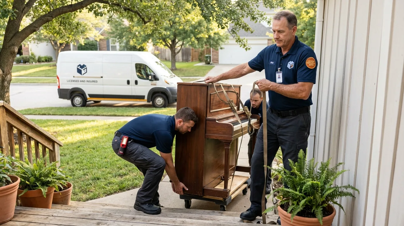 Licensed piano movers securing grand piano in Lineville, AL