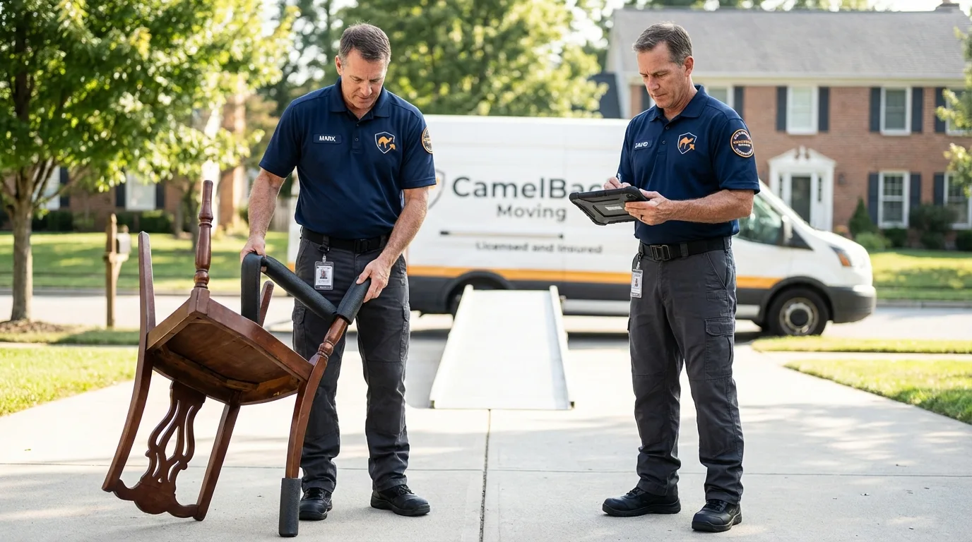 Movers inspecting furniture for damage prevention before loading in Lineville, AL