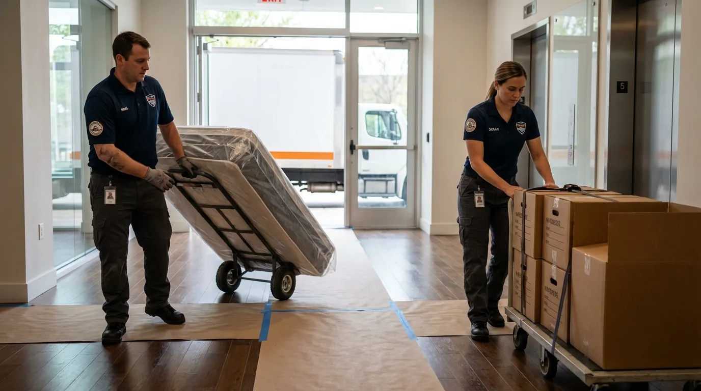 Professional apartment movers loading elevator in Lineville, AL